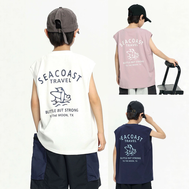 Boys' Japanese-Style Vest 2026 Summer New Children's Casual Sleeveless T-Shirt with Penguin Print Round Neck Trendy T-Shirt for Young Children