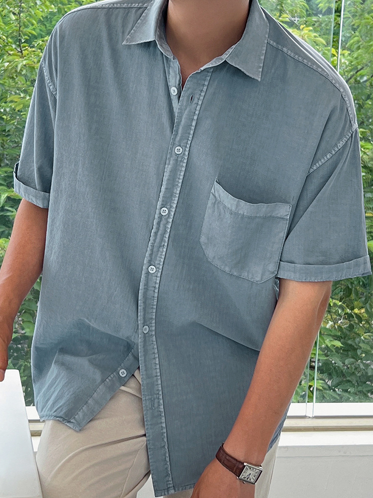 Myqシンプルな純色半袖シャツ男性夏のゆるいカジュアルシャツ韓国版トレンド襟半袖上着