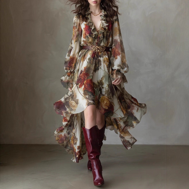 European and American Cross-Border Independent Website Bohemian Holiday Print Ruffled Collar High-Low Hem Chiffon Midi Skirt
