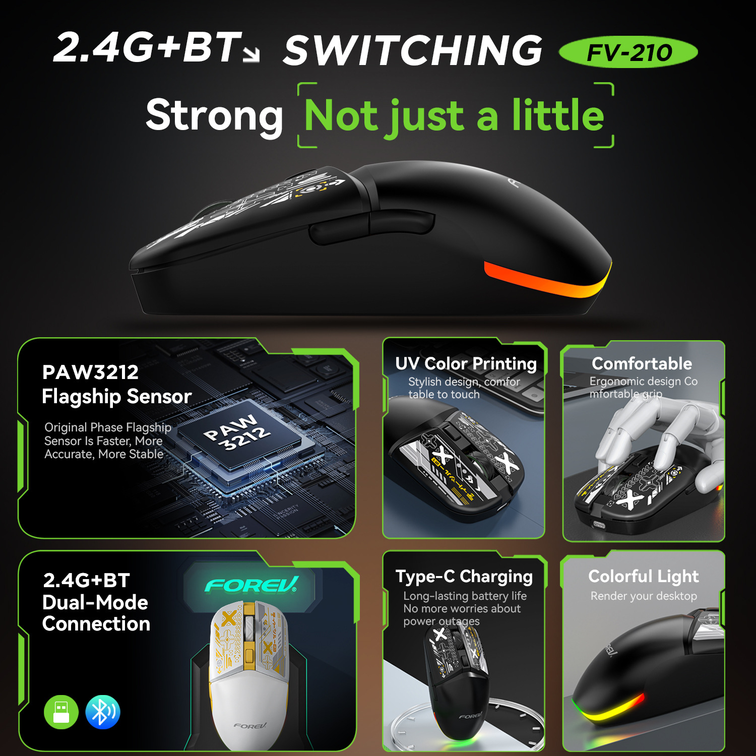 FV - 210 alto valor visual ligero de tres modos de carga Bluetooth inalámbrica de juego de ratón de deportes electrónicos para oficina