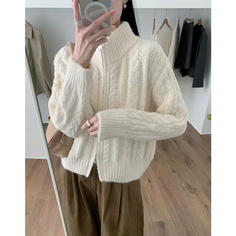 Demi-season retro cardigan with zipper, short sweater, jacket, Korean style, high-quality style