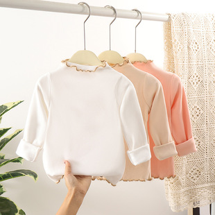 Girls' velvet color matching wooden ear autumn and winter children's western style long-sleeved T-shirt baby girls' all-match middle and big children's bottoming shirt