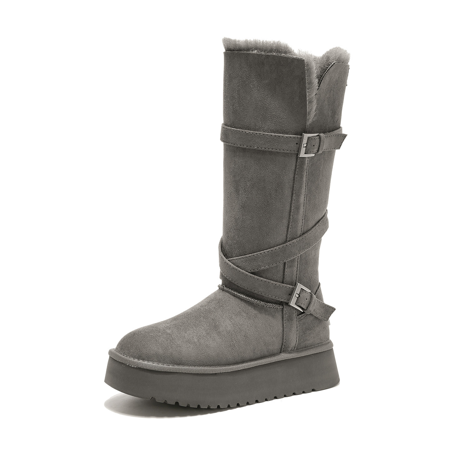 Botas de nieve gris gruesas de fondo de Augu Shi Deng mujeres 2025 invierno nuevo botas de algodón de pelusa botas de pelusa