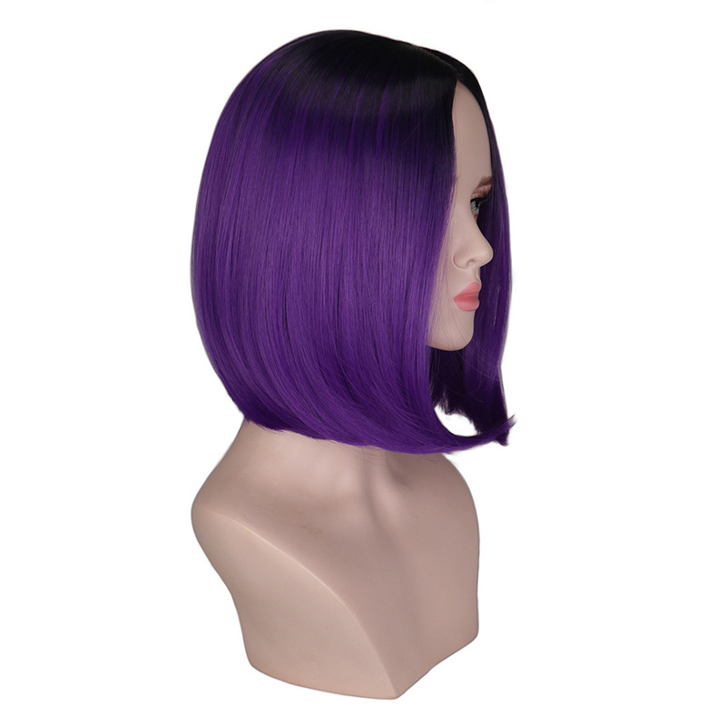 欧米のかつらの女性のファッションの波の頭の黒のグラデーションの紫のショートヘアのboboの頭の中で短いストレートヘアの化繊の頭のカバーの卸売りを分けます。|undefined