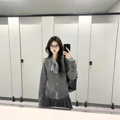 灰色格雷系穿搭假两件蝴蝶结针织衫上衣女开衫春秋高级感毛衣外套