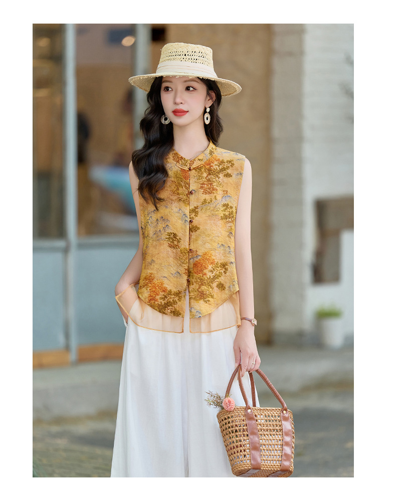 Bộ quần áo nữ hai mảnh gồm áo sơ mi cổ đứng họa tiết jacquard và quần ống đứng — Màu ảnh chi tiết 13