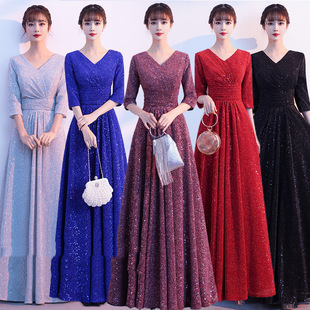 Red Song Choir Performance Costume Women's Adult Long Skirt Piano Performance Conductor Costume Sequined Host Evening Dress