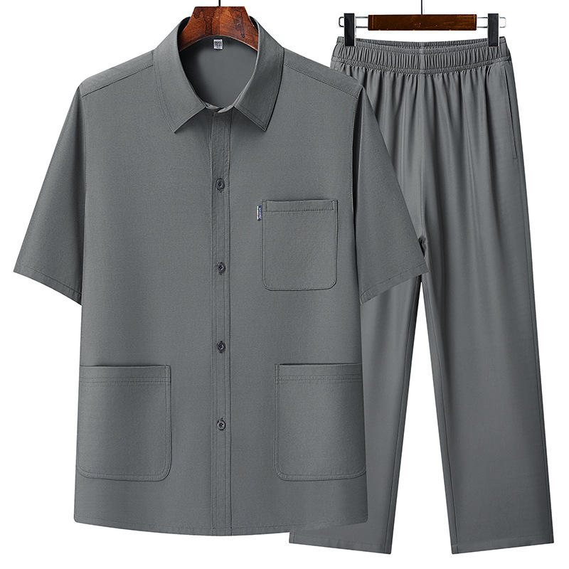 Middle-aged and elderly men's summer multi-pocket short-sleeved shirt lapel dad outfit old man suit grandpa iron-free shirt