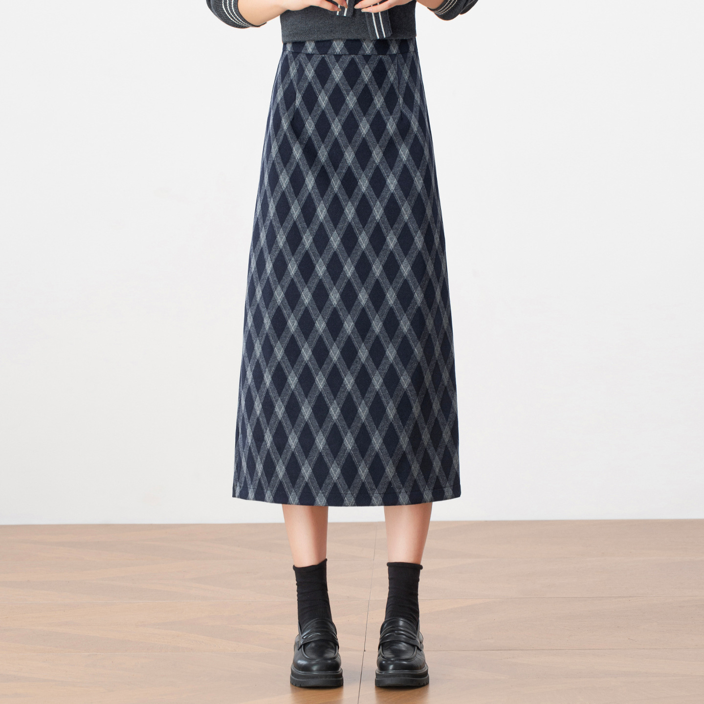 复古格纹羊毛呢半身裙女秋冬厚2025新款A字中长款开叉直筒包臀裙