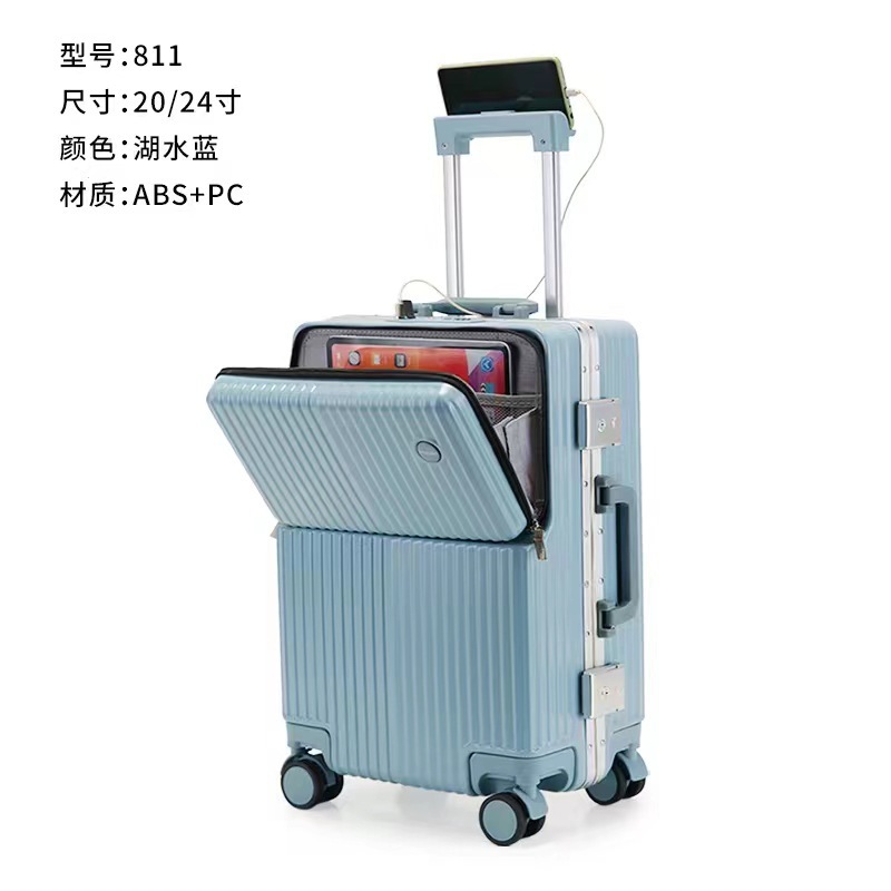 Baja de aluminio con cubierta abierta delantera, maleta de viaje, 20 maletas multifuncionales, maletas de embarque, ruedas universales de 24 pulgadas, maletas de negocios