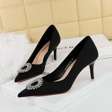 18249-AK62 Fashion Shallow High Heels Water Diamond Round Buckle Single Shoes Pointed Fine Single Shoes Sexy Women's Shoes