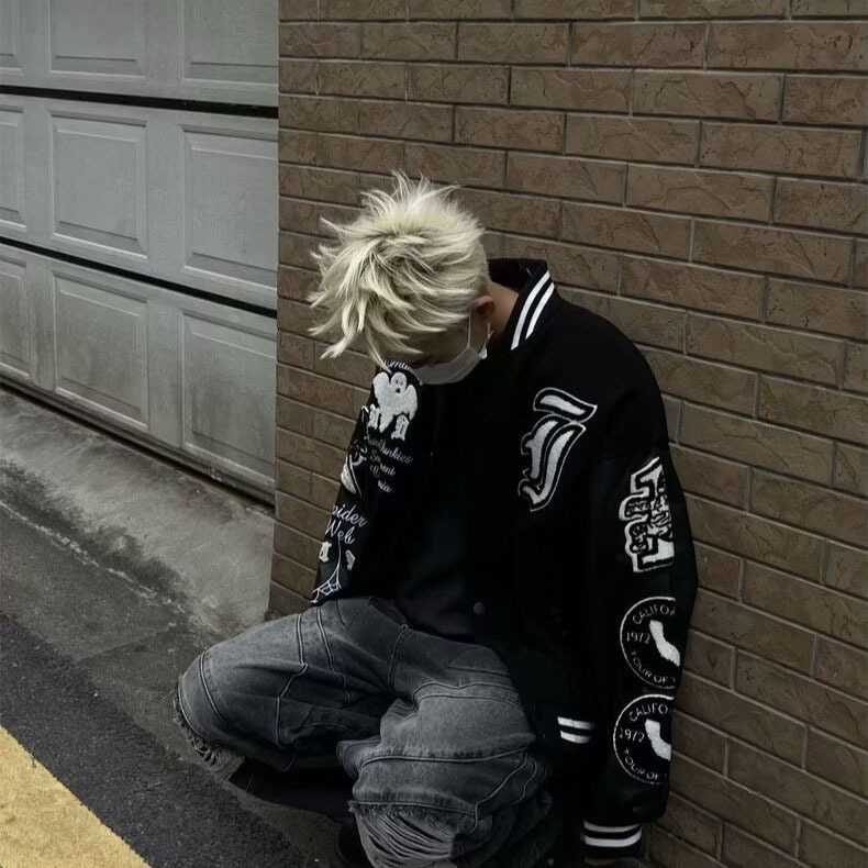 Pánske oblečenie Retro Street Fashion Brand Embroidery Patchwork Baseball Uniform Jesenná a zimná High Street Hip Hop Loose Jacket_voghion.com