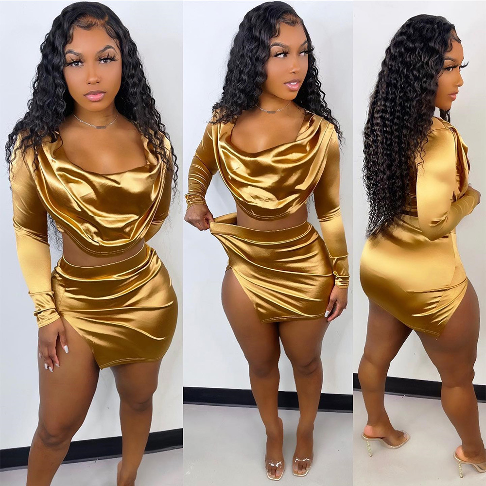 Fashion Women's Gold Shinny Shirt and Skirt Sets Two-piece Club Party Mini  Dress | eBay