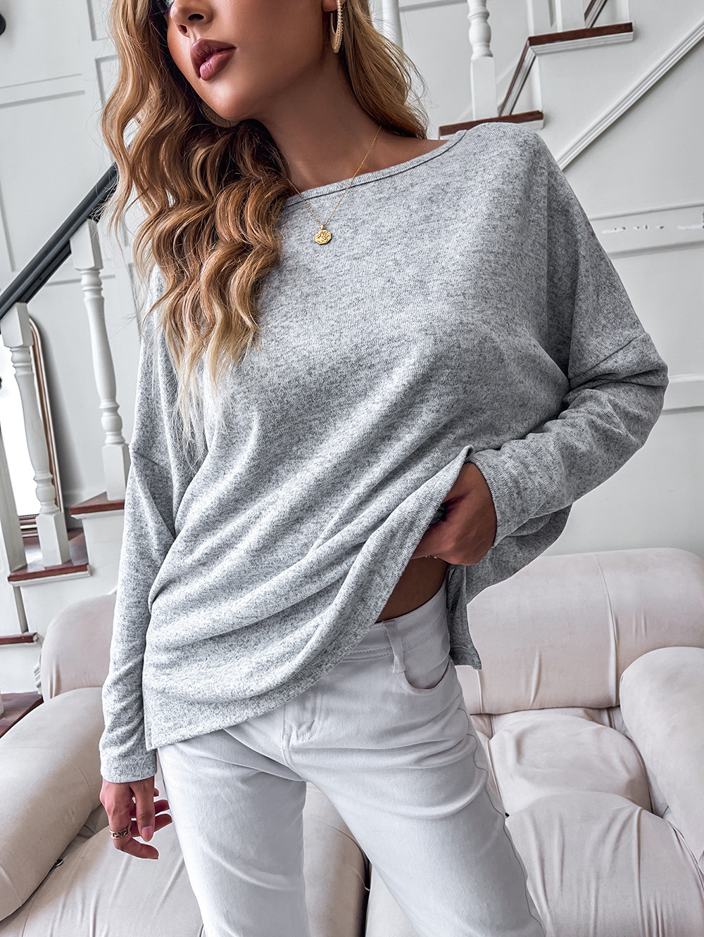 long-sleeved round neck loose t-shirt Nihaostyles wholesale clothing vendor NSDF76450