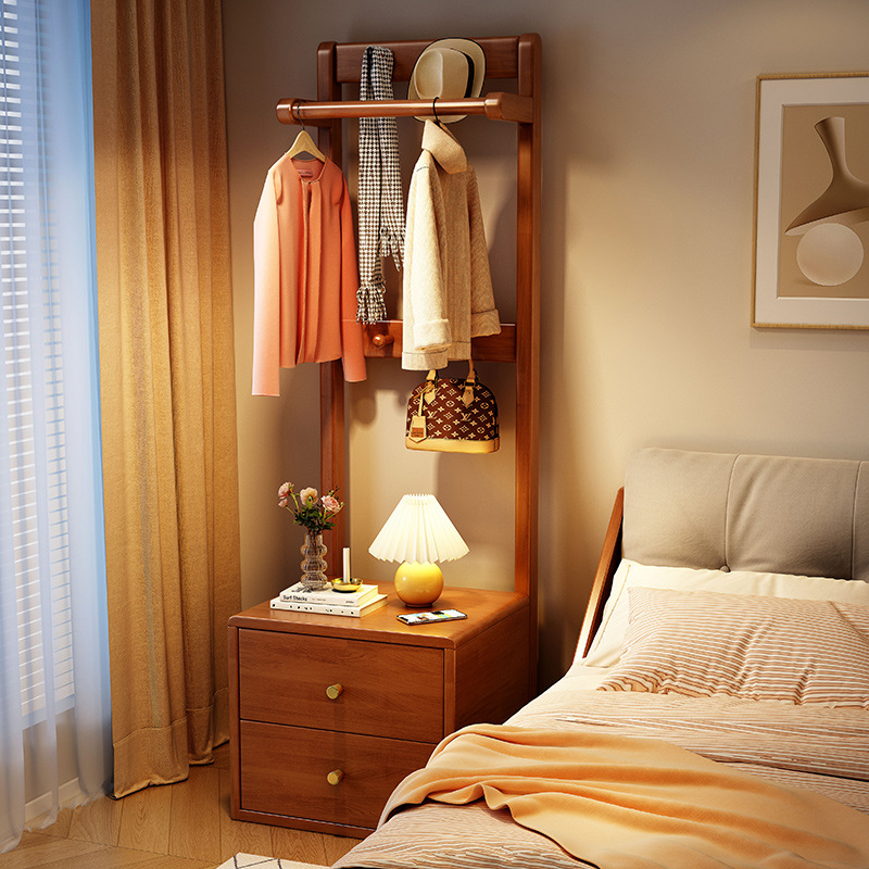 Solid wood bedside table coat rack integrated bedroom small bedside corner hanger simple floor hanging clothes rack