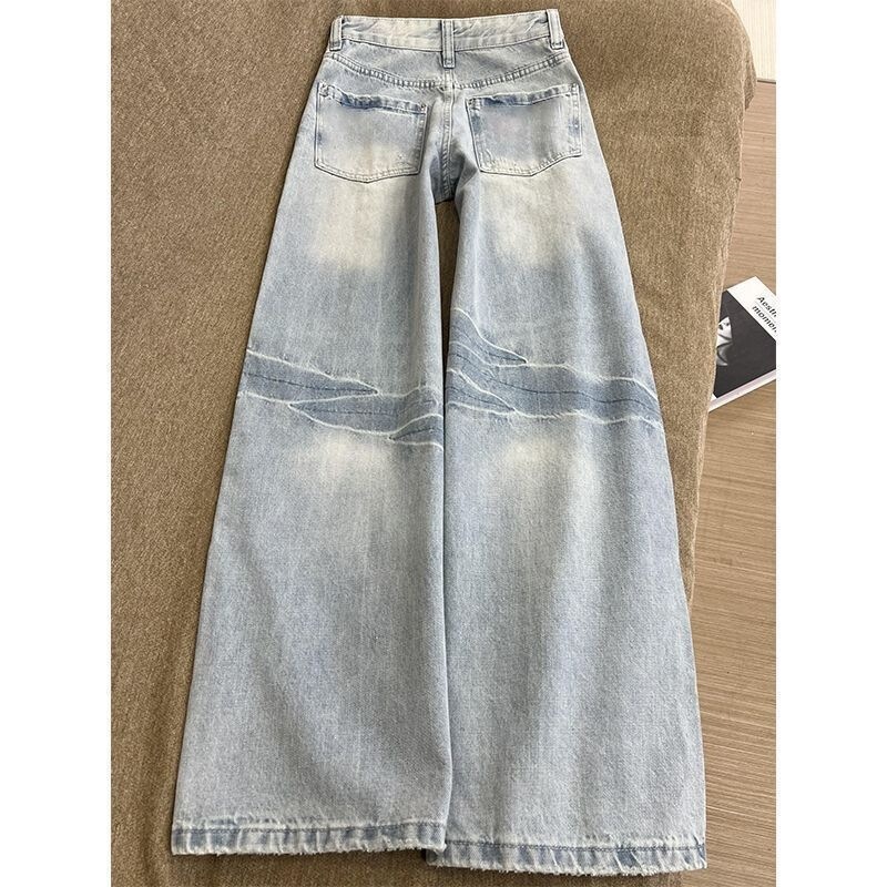 Girls' low-waist wide-leg jeans, new light blue loose-fitting, figure-flattering, floor-length pants, trendy 0072A112