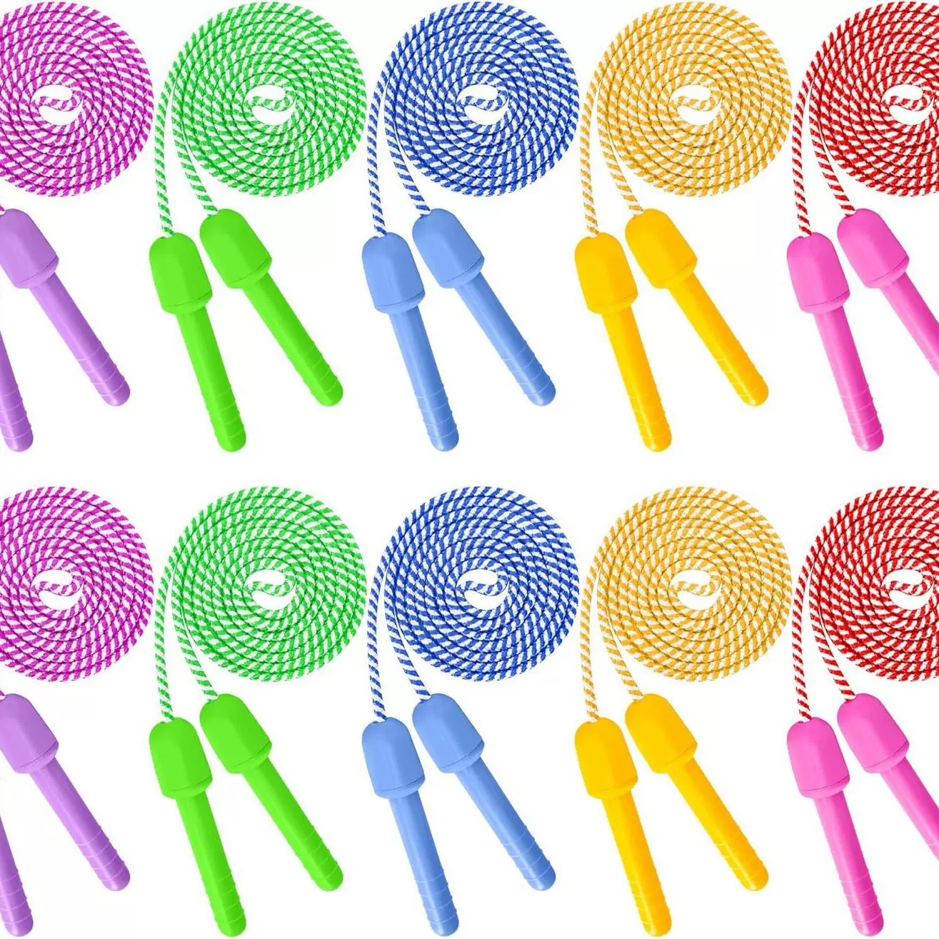 W77跨境亚马逊塑料柄彩虹尼龙儿童跳绳加粗加长小学生彩色可调节