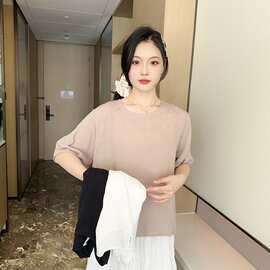 国风夏季中国醋酸新款提花中式圆领上衣宽松五分短绵绸面衬衫T恤