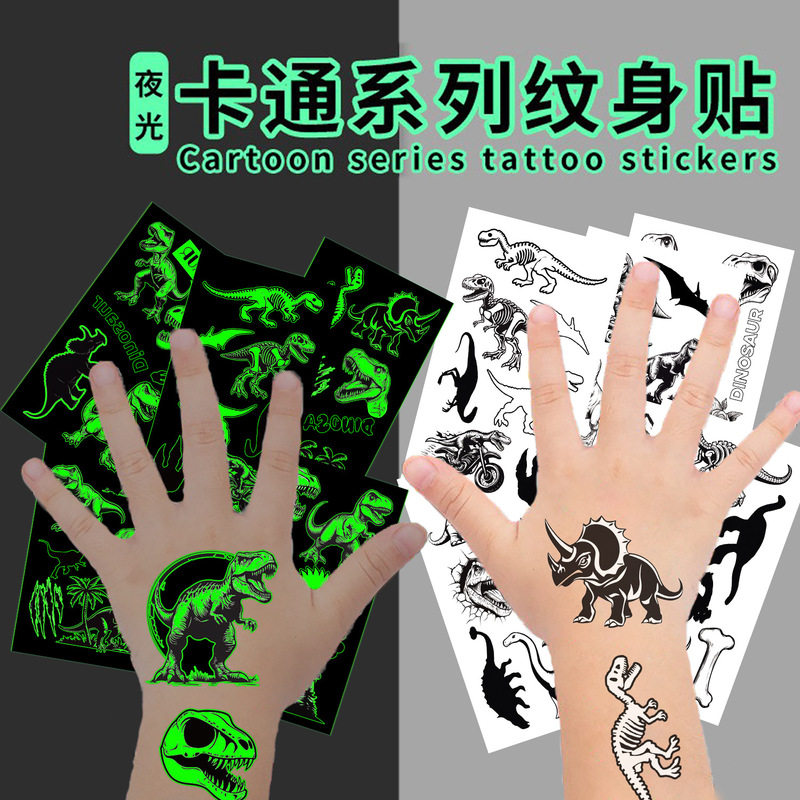 Cross-border New Black and White Dinosaur Luminous Tattoo Waterproof Party Gift Funny Fun Face Stickers Wholesale