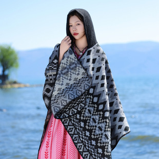 Xinjiang Xizang Travel Wear Cloak Yunnan Ethnic Style Large Shawl Cloak Women's Outer Wear with Hat and Scarf