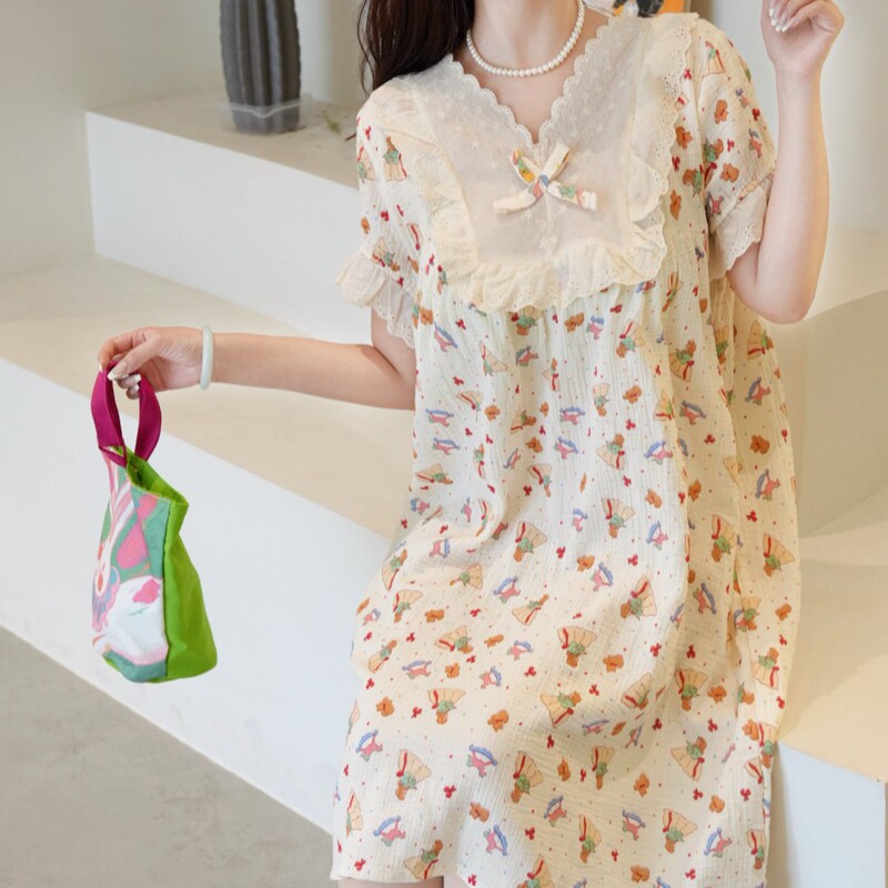 V Neck Short-Sleeved Nightgown Pure Cotton Double-Layer Cotton Gauze Home Clothes Summer Comfortable Breathable Loose Dress Nightgown Customization