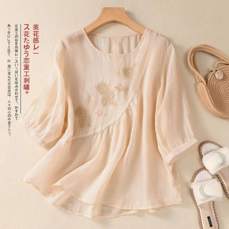 2025 Spring and Summer Pure Color New Style Literary Retro Embroidered Cotton and Linen Women's Loose Round Neck Mother's T-Shirt Top