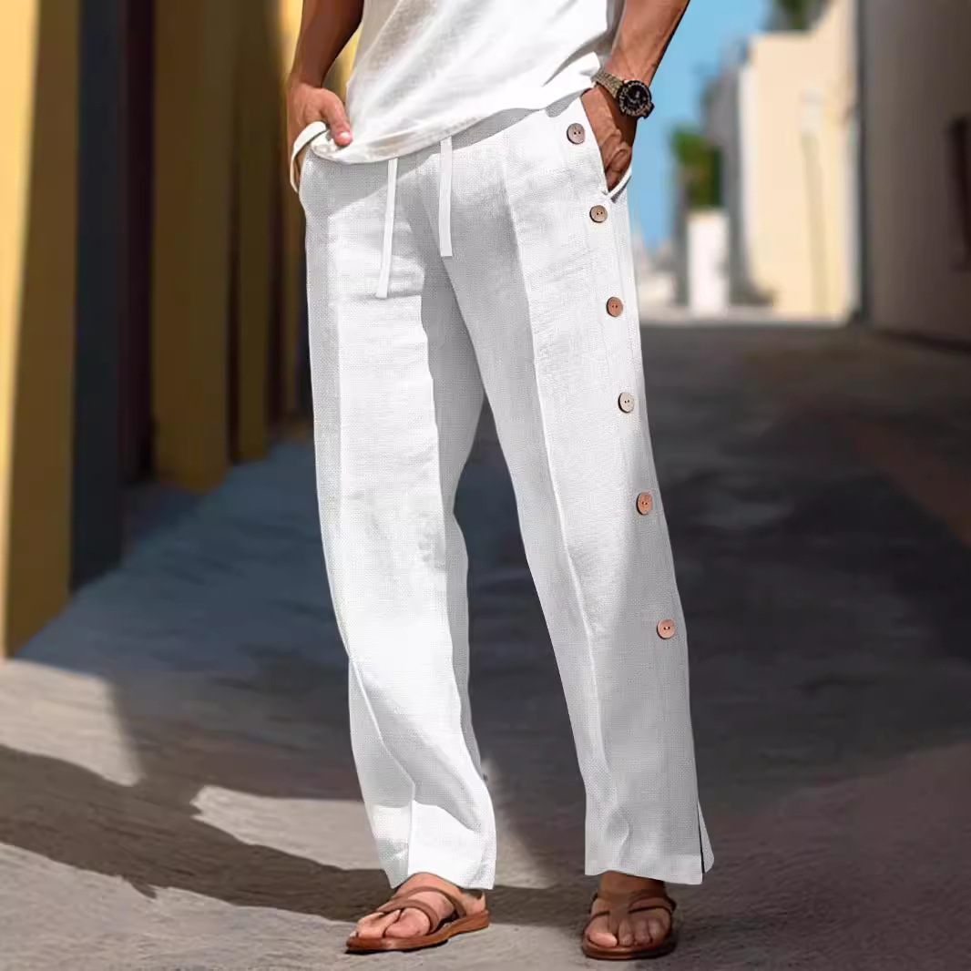 Men's Linen Trousers Drawstring Elastics Waist Side Buckle Solid Color Breathable Daily Holiday Classic Casual