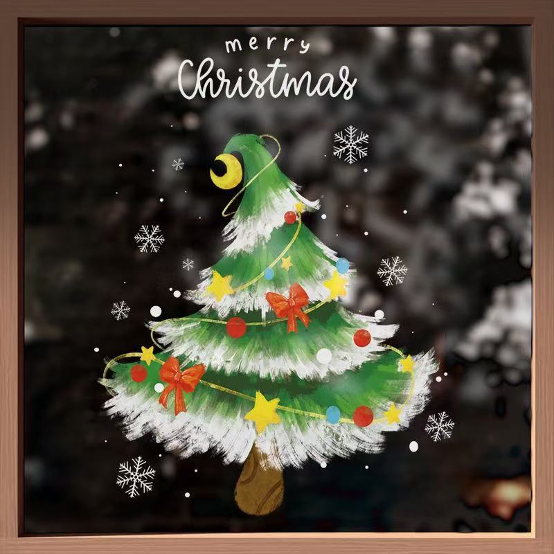 圣诞节装饰静电贴纸圣诞老人树耶诞店铺场景布置氛围玻璃门橱窗贴