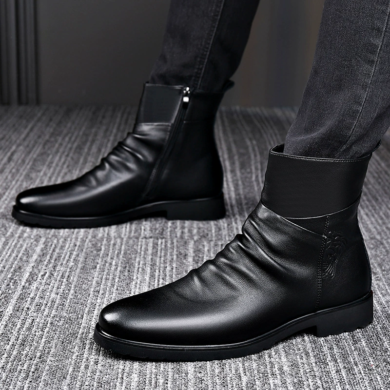 Leather boots Martens with zipper — cowhide ankle boots, fleece-lined option