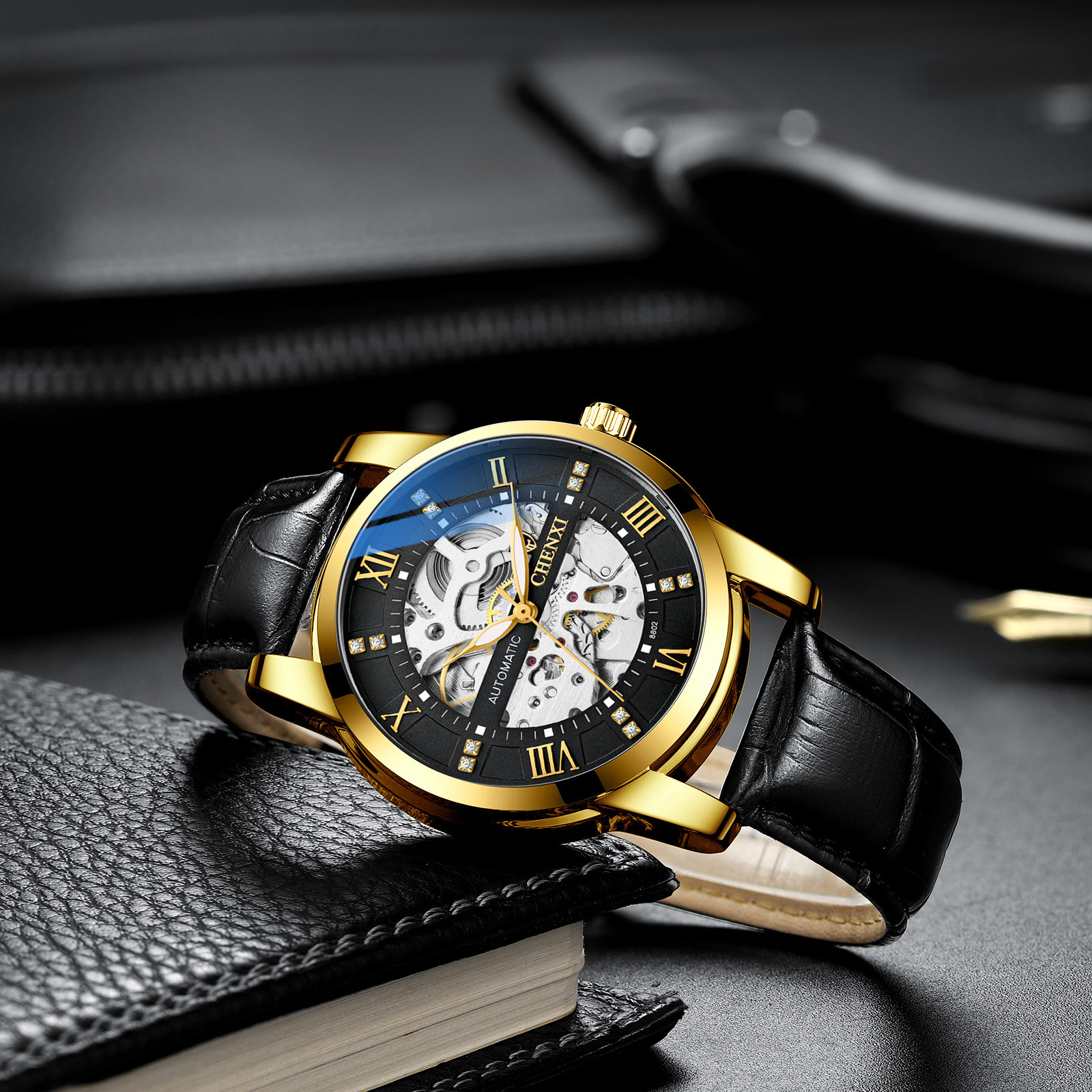 Chenxi hombres hueco transparente automático reloj mecánico cinturón moda negocio popular reloj mecánico 8802