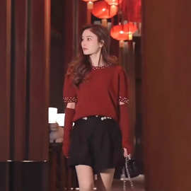 设计感休闲穿搭上衣2025年春秋新款本命年红色短款长袖针织衫女装