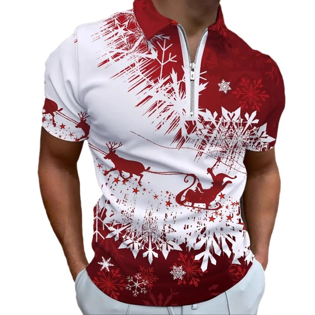 2025 Navidad alce graffiti impresión 3D moda callejera para hombres todo fósforo cremallera suelta camisa POLO de manga corta