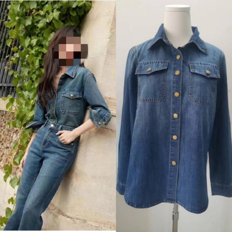 长期现货2025秋冬以爱为营白鹿同款衬衣女港风复古蓝色牛仔衬衫潮