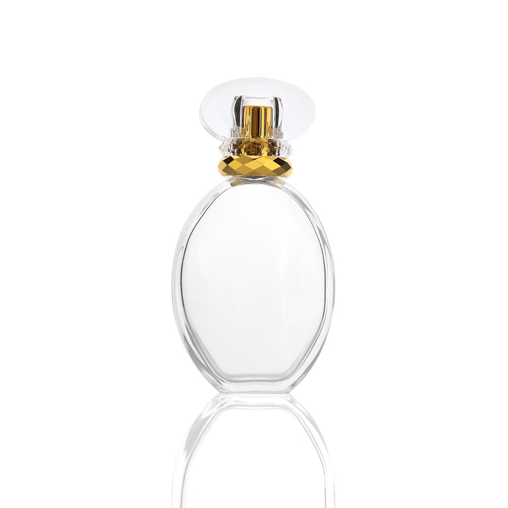 Botella de perfume elíptica larga transparente transfronteriza botella dividida con tapa completa de presión de spray de vidrio botella vacía spray de color