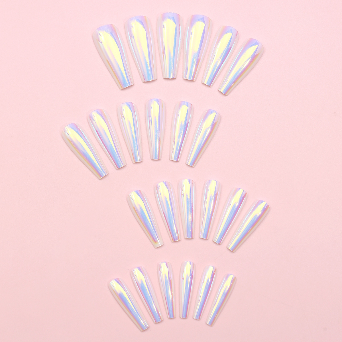 Uña transfronteriza aurora galvanizado de uñas productos terminados europeos y estadounidenses usar láser largo 24 piezas de parche de uñas falsas al por mayor