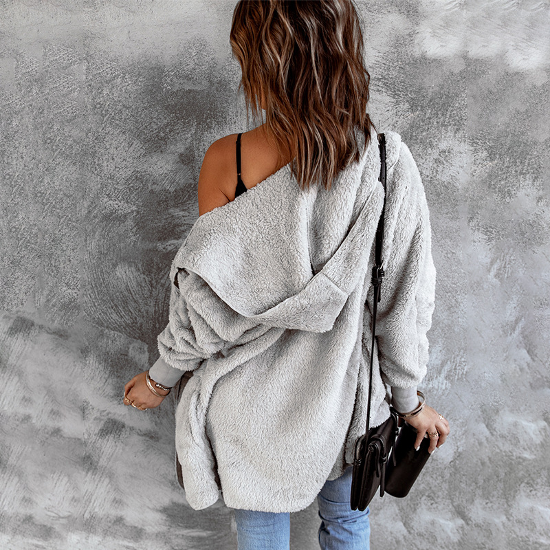 時(shí)穎歐美毛衣女冬季新款連帽長(zhǎng)袖保暖毛絨開衫跨境大碼毛呢外套女