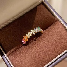 多巴胺镶嵌彩色锆石花朵戒指女小众时尚轻奢高级感指环开口可调节