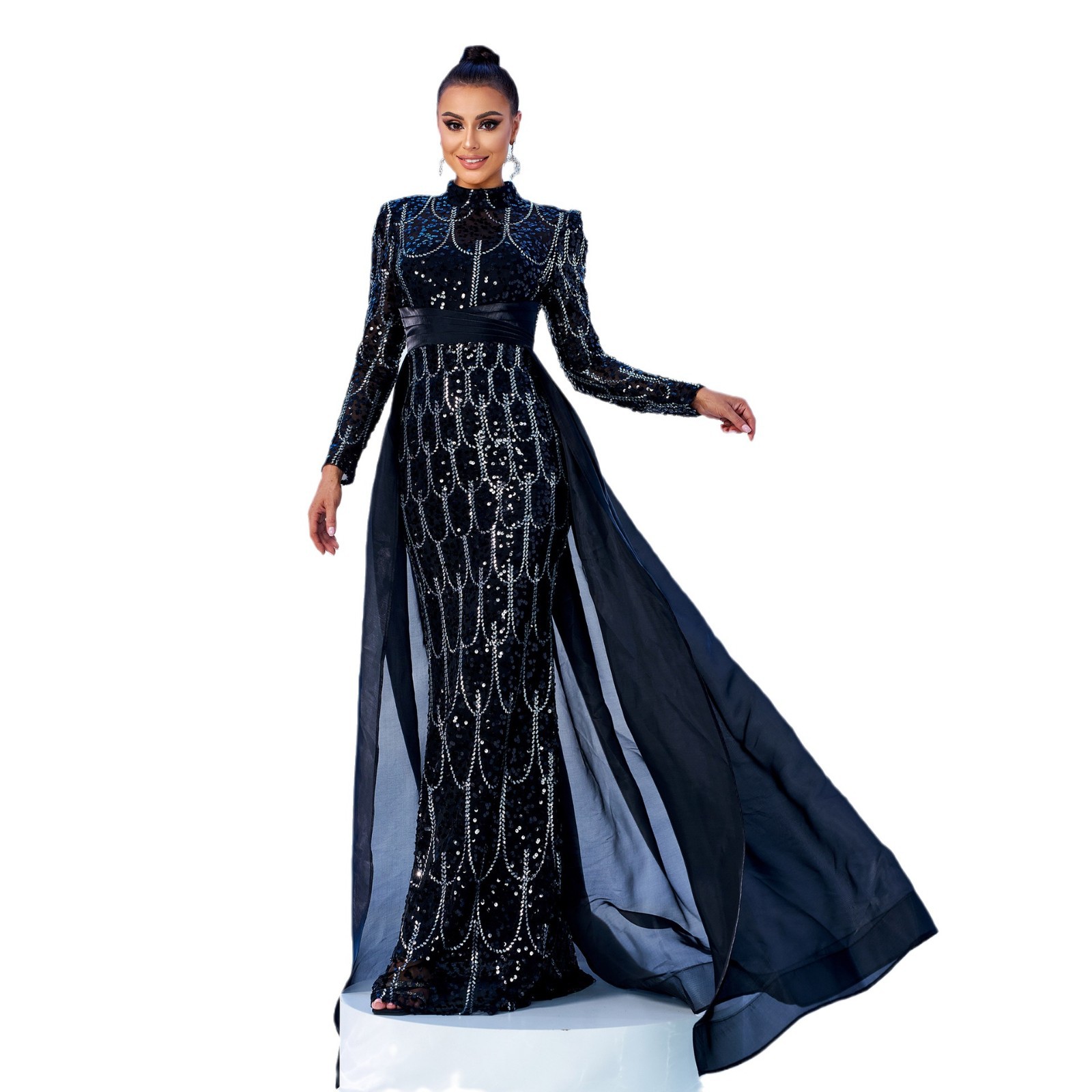 European And American New Long Sleeved Round Neck Long Sequined Banquet Cape Fishtail Evening Dress Bridesmaid Dress Dress Female_ecoleips.com