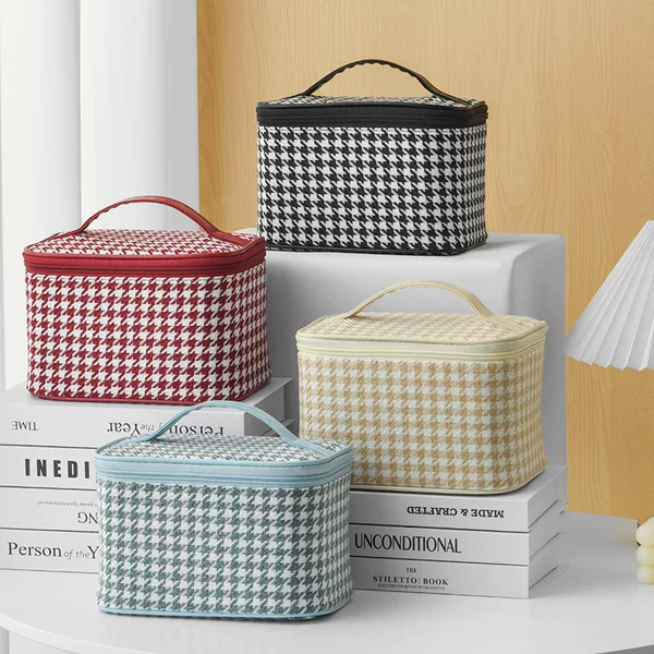 Houndstooth Tweed Style Hand-Held Cosmetic Bag, Large Capacity Portable Travel Storage Bag, Woolen Cosmetic Bag