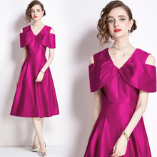 质感晚礼服纯色显瘦修身中长款短袖大摆连衣裙礼服玫红色高腰