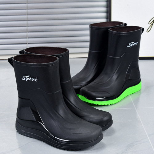 Men's Mid-Calf Rain Boots, New Arrival Water Shoes—Non-Slip, Waterproof, Short-Style with Elastic Cuffs, Fleece-Lined, Made from Durable, Thickened Plastic