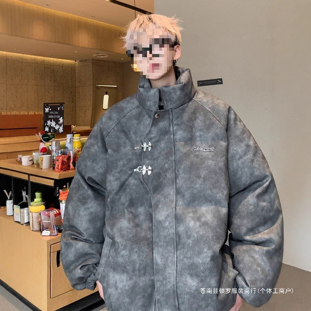 金属扣PU皮美式棉服外套男冬季新款加厚保暖羽绒棉衣男生冬装棉袄