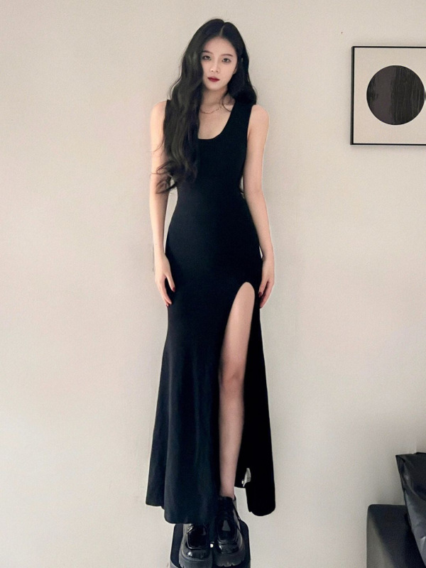セクシーな純粋な欲望甘いホットガール黒サスペンダードレス女性の夏スリムスリットヒップカバーベストロングスカート|undefined