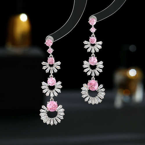 Cross-border Korean earrings for women, light luxury color zirconium retro 925 silver earrings, round face slimming long geometric fan earrings
