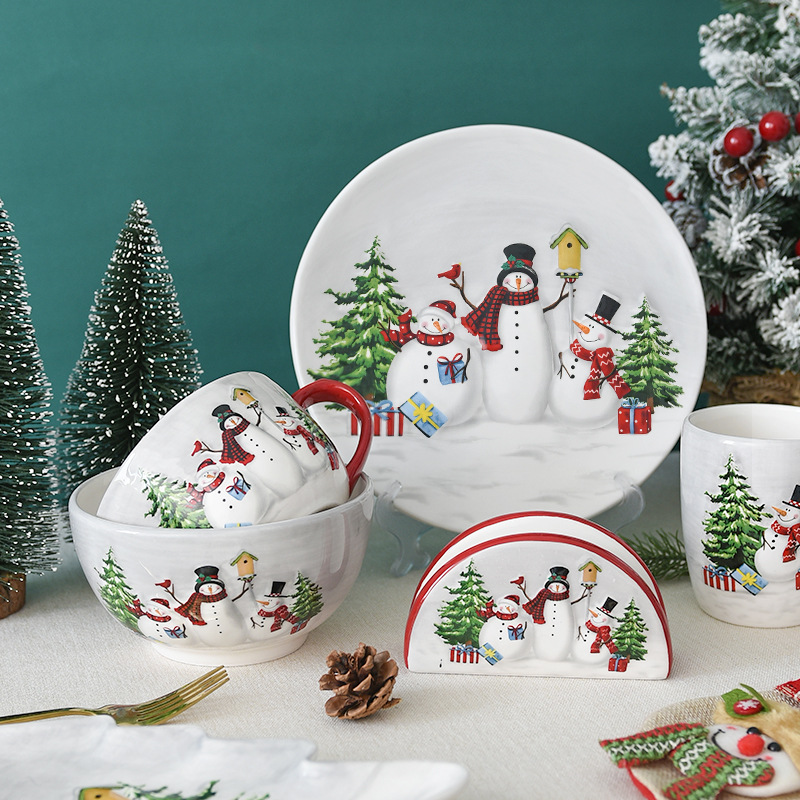 Juego de vajilla con cuencos y platos de muñeco de nieve navideño, cuenco de arroz con relieve, plato plano de cerámica occidental, taza_voghion.com