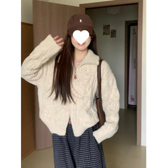 高领麻花拉链开衫毛衣女款2025新款秋冬季加厚慵懒风立领针织外套