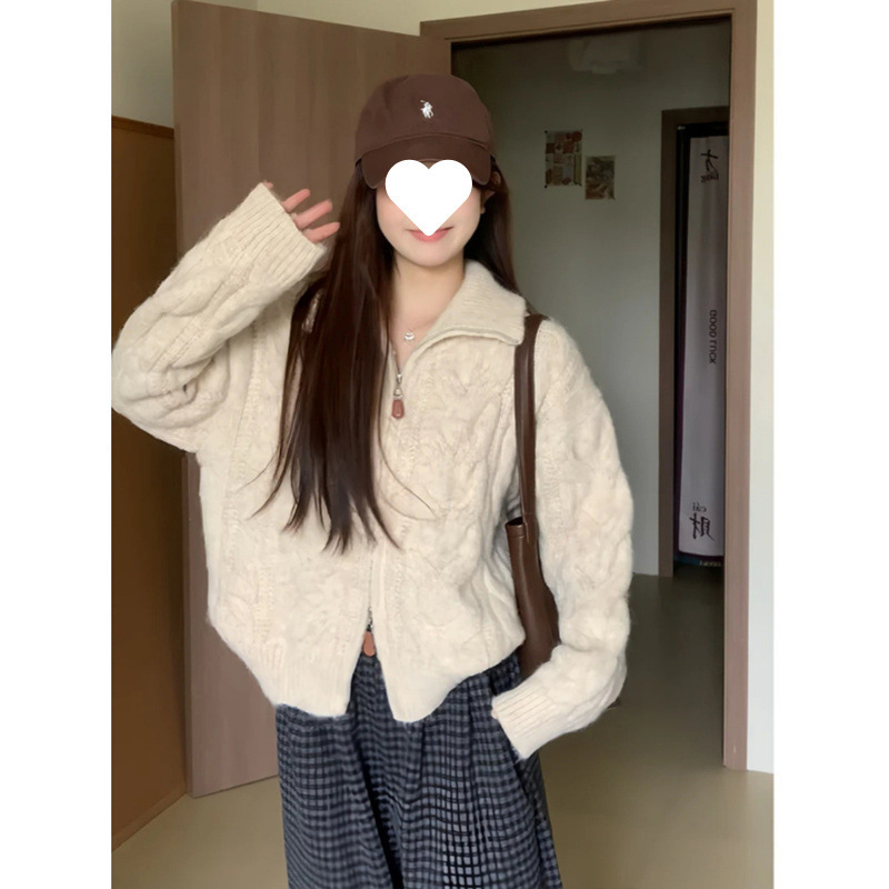 高领麻花拉链开衫毛衣女款2025新款秋冬季加厚慵懒风立领针织外套|undefined