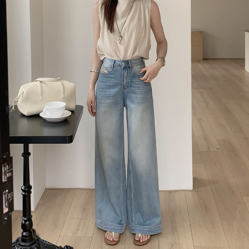 High-End Custom-Made Thirteen-Row Rhinestone Chinese-Style Denim Pants for Women, Summer Thin Wide-Leg Drapey Loose Straight Long Pants