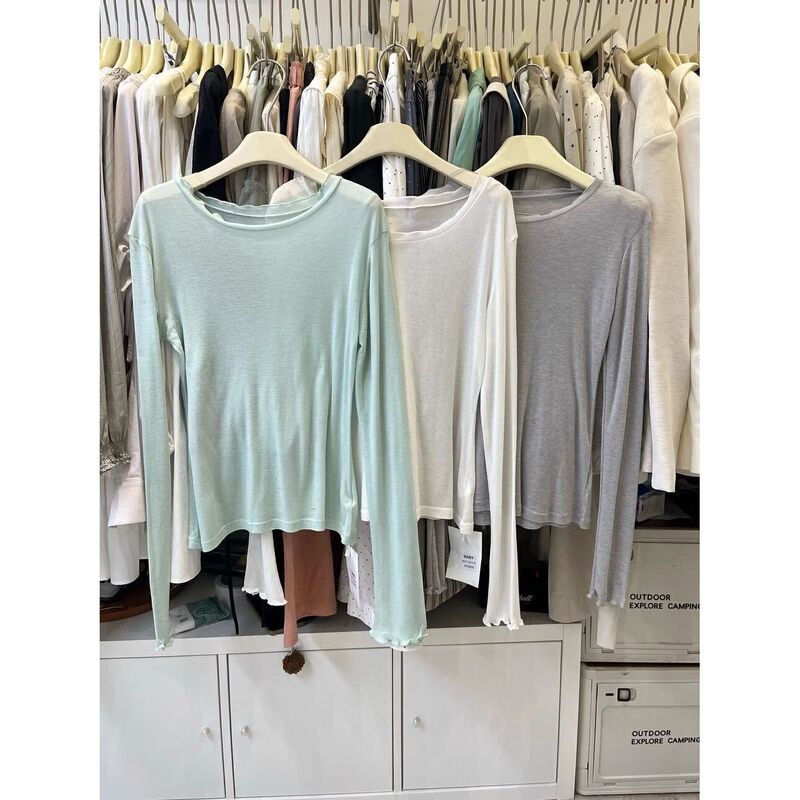 Korean Style Wood-ear Crewneck Model Cotton Long-sleeved T-shirt Women's Mint Green Micro-transparent Lightweight Stacked Slim-fit Base Shirt