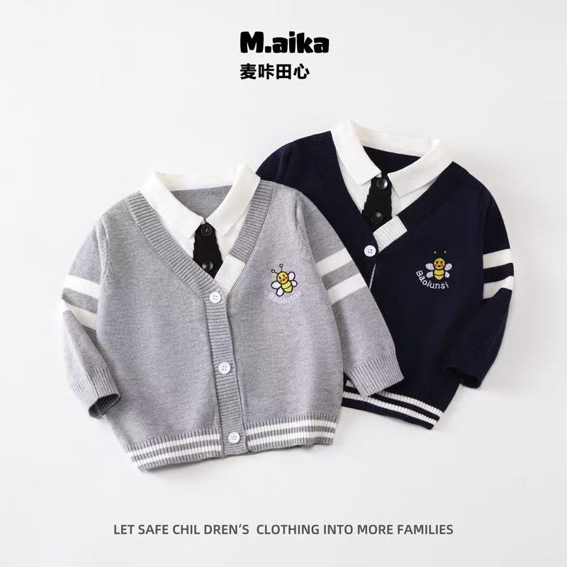 Stylish new two-piece knitted sweater cardigan for boys, spring and autumn style, single-breasted, preppy look.